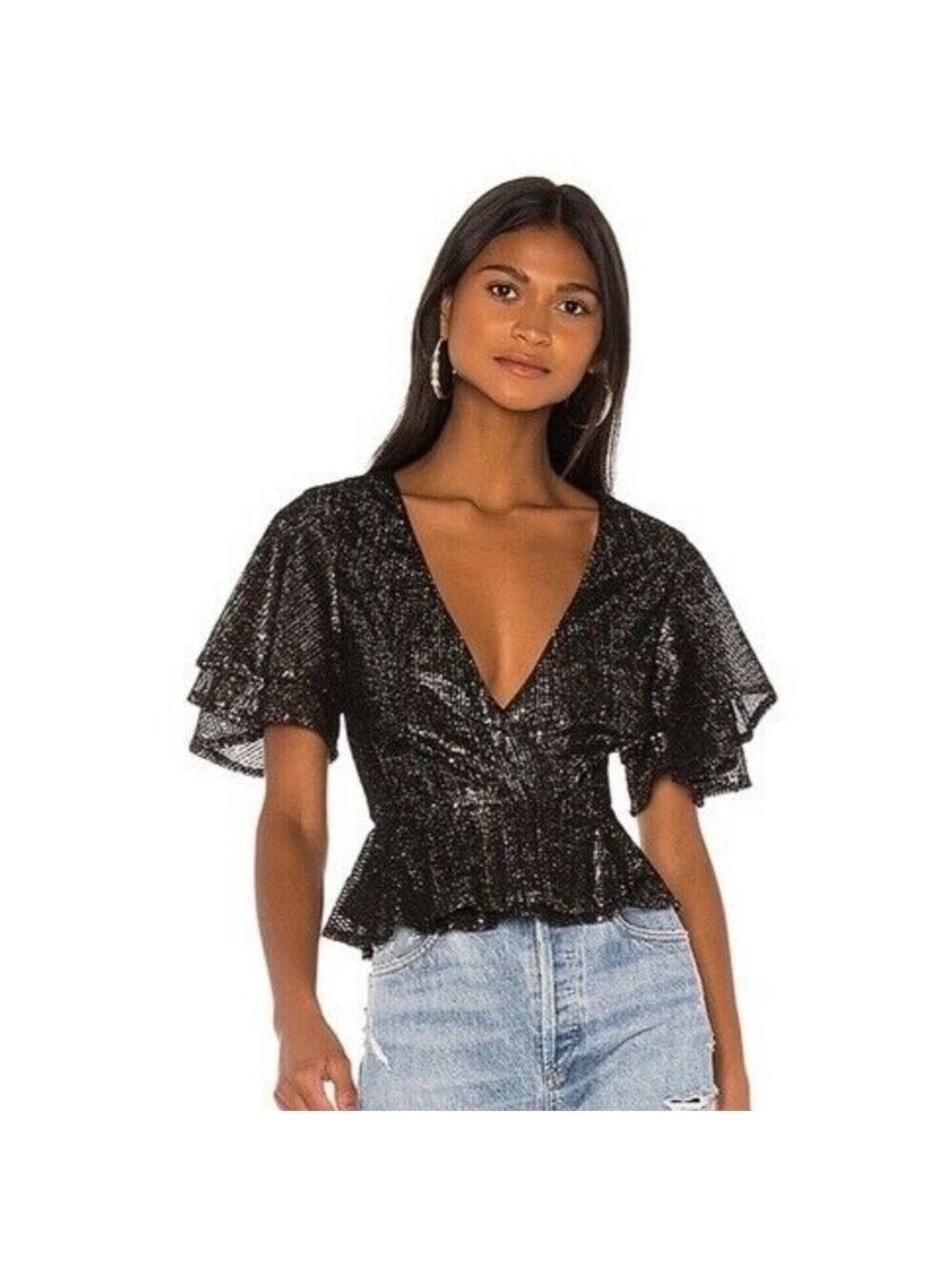 House of Harlow 1960 Black Gold Suri Sequin Wrap Top NWT